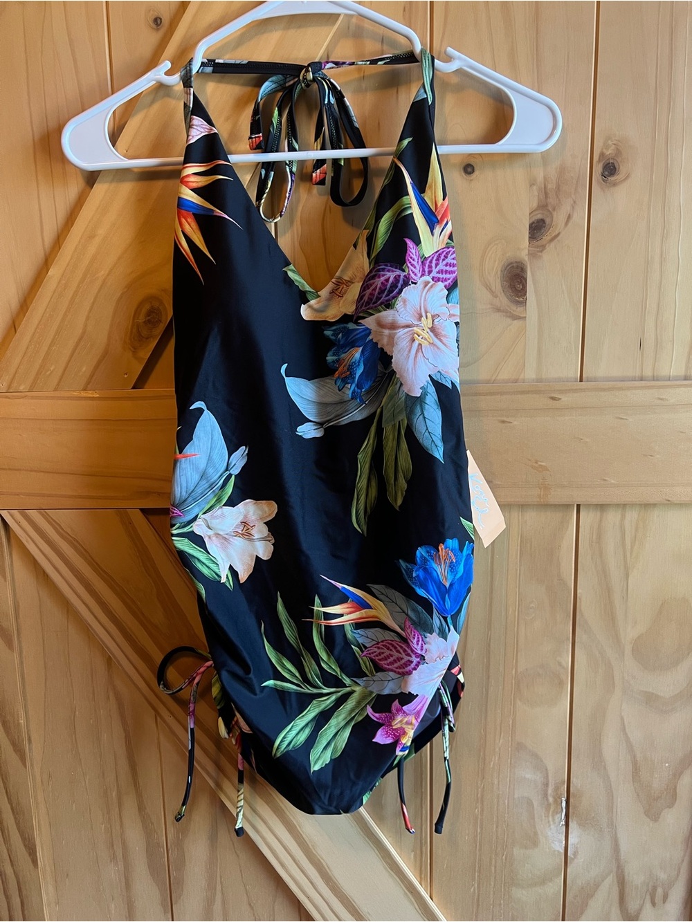 Kona Sol Black Floral Halter Swim Top Adjustable Sides NWT Beach Pool Vacation